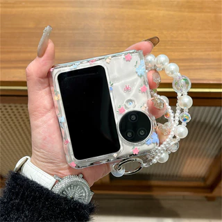 น่ารักระลอกน้ําดอกไม้โปร่งใสเคสโทรศัพท์พร้อมสร้อยข้อมือมุกสําหรับ OPPO ค้นหา N3 Flip N3Flip Findn3Flip กันกระแทกปกหลังmanha