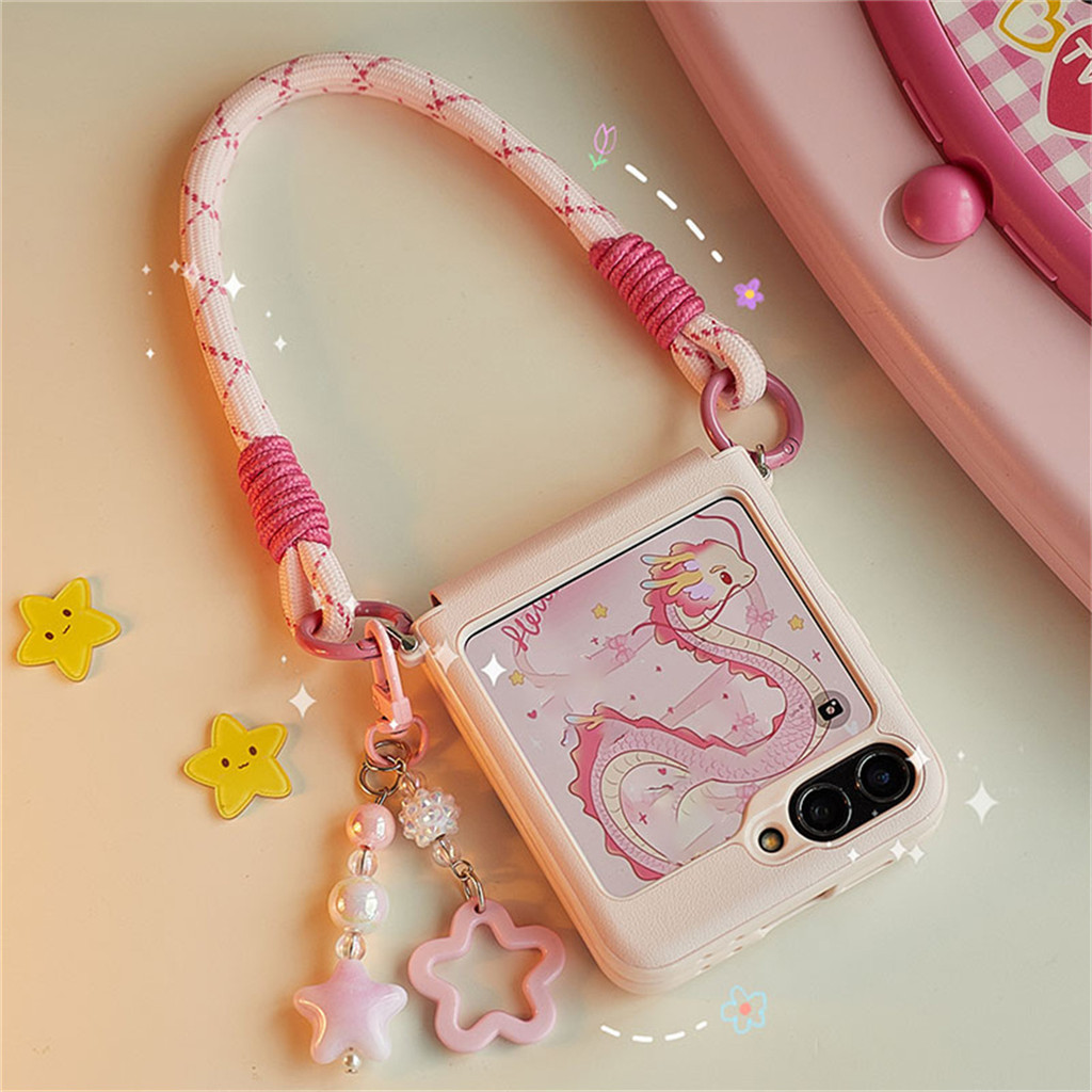 เกาหลีน่ารักสีทึบแกนกลาง Star Pendent กรณีแบบพกพาสําหรับ Samsung Galaxy Z Flip 5 6 Z Flip6 ZFlip 5 Zflip6 Zflip5 กันกระแทกปกหลังmanha