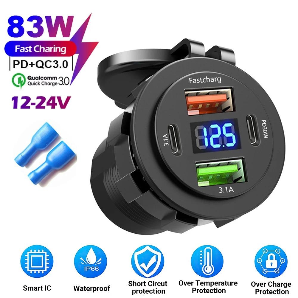 83W Max ชาร์จโทรศัพท์ซ็อกเก็ต 45W PD + QC3.0 Fast Charging 22.5W Dual USB + Type C Outlet 3 พอร์ตอะแดปเตอร์กันน้ํา 12 V-24 V - รูปที่ 5