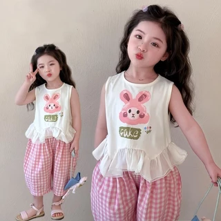 MooDeng Baby ชุดเสื้อ+กางเกง ลายกระต่ายฤดูร้อน ชุดเสื้อ+กางเกงเด็กผ้านิ่ม สวมใส่สบาย เสื้อกั๊ก เด็กหญิง