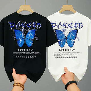 เสื้อยืดคู่รัก เสื้อยืดคอกลม-แขนสั้น ลายเท่ๆ oversize t shirt สกรีนลายหน้า-หลัง ลายผีเสื้อ สตรีทแฟชั่น สีดำ-สีขาว