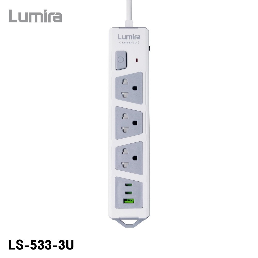 ลูมิร่า LS-533-3U 3 socket/3M. พร้อม USB-C/A ปลั๊กพ่วง ระบบกันไฟกระชากและเบรกเกอร์อัตโนมัติ