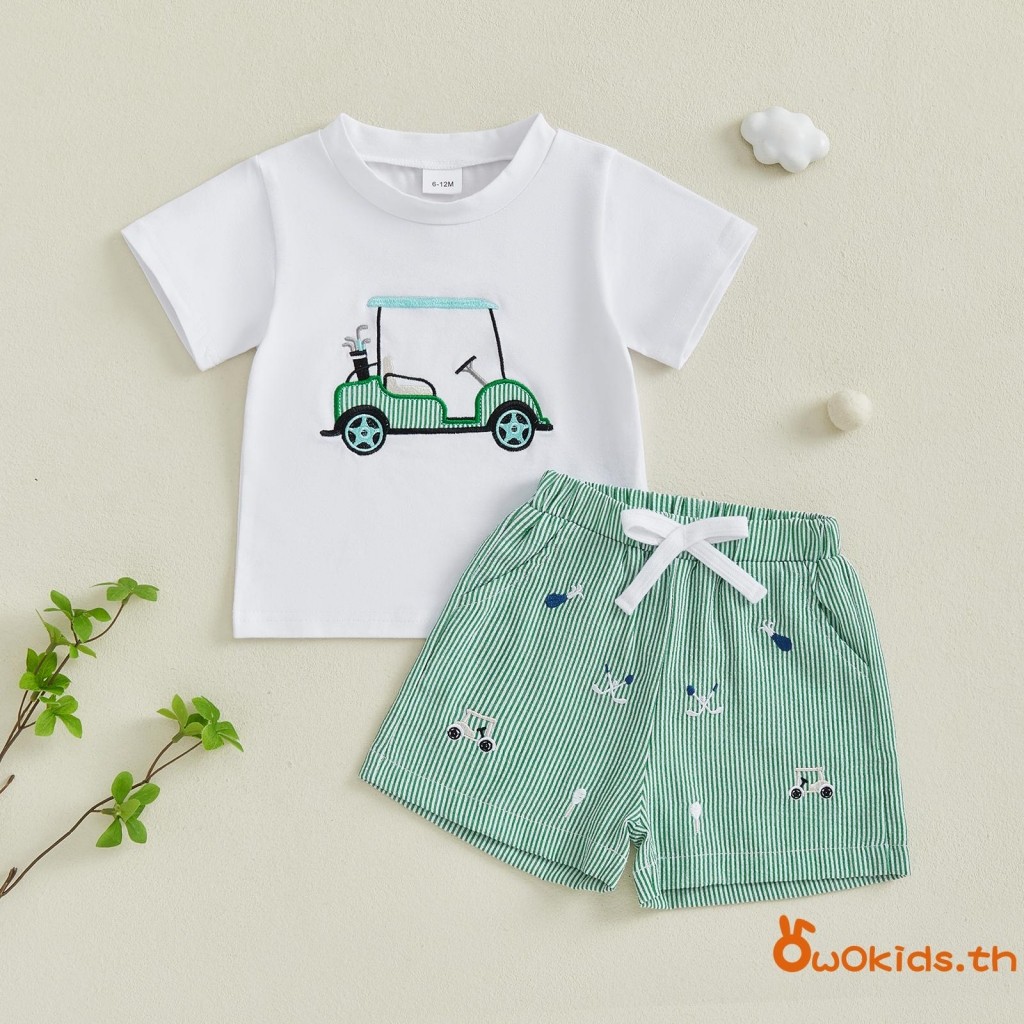 Kids Boys Shorts Set Short Sleeve เย็บปักถักร้อย Golf Cart เสื้อยืดพร้อมกางเกงขาสั้นลายทางชุดเด็กวัยหัดเดินชุดฤดูร้อน