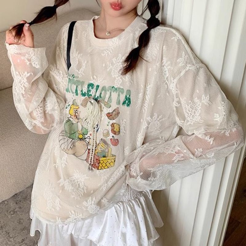 พลัสขนาดผู้หญิงลูกไม้การ์ตูนพิมพ์เสื้อยืดฤดูร้อนแขนยาวป้องกันแสงแดด