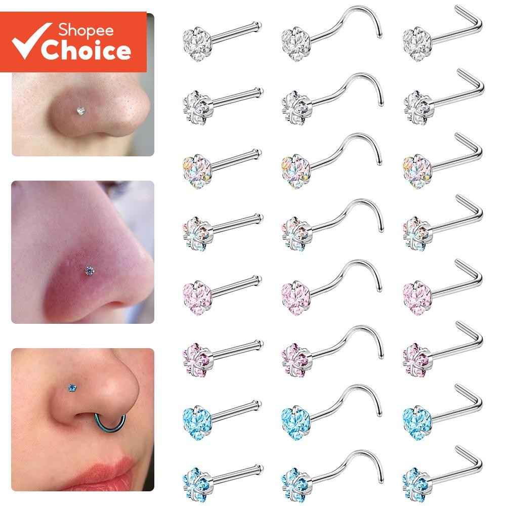1 ชิ้นคริสตัลสีสันสดใสสแตนเลสจมูกเจาะรอบหัวใจ Star CZ Studs Nostril เครื่องประดับ