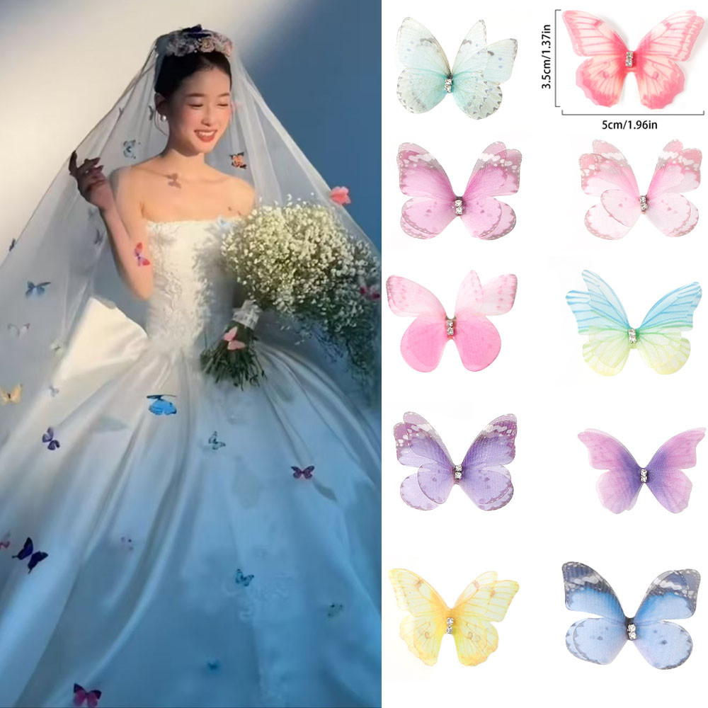 10PCS ชีฟองผีเสื้อ DIY ผ้าคลุมหน้าเจ้าสาวสาว Hairpins เด็ก Headwear Hairgrip กิ๊บติดผมอุปกรณ์เสริมผมงานแต่งงานตกแต่ง
