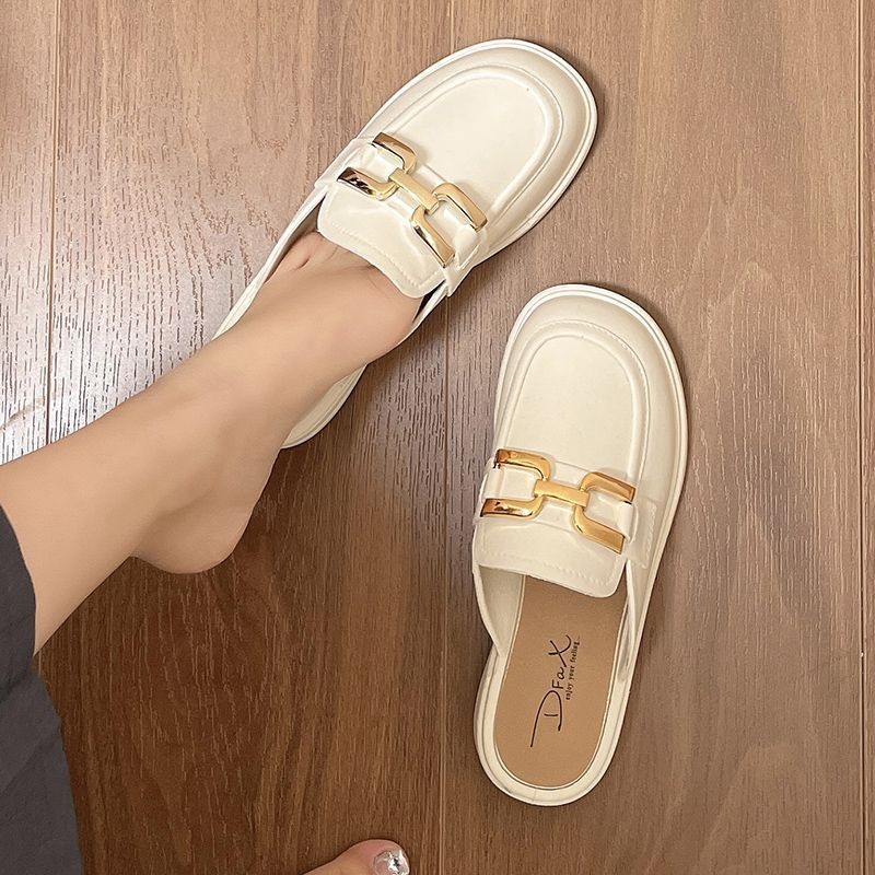 女鞋懒人韩版半拖包头鞋沙滩一脚蹬复古软底鞋洋气凉拖鞋Women's shoes lazy Korean version half drag toe shoes beach kick20250610