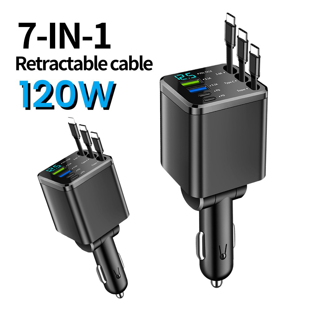 Elough M14 จอแสดงผลดิจิตอล 7 in 1 ที่ชาร์จแบตในรถแบบพับเก็บได้พร้อมสายชาร์จเร็ว Type C อะแดปเตอร์ชาร์จโทรศัพท์ในรถยนต์พร้อมสายไฟ