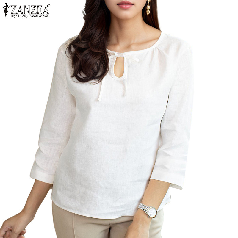 ZANZEA เสื้อเบลาส์คอกลมลําลองเกาหลีสําหรับผู้หญิงแขนสามส่วนผูกเชือกกลวงออก