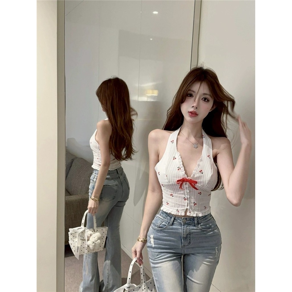 🍇Evelyn🍇เสื้อคล้องคอ แต่งโบว์ขาวแดว เข้ารูป สไตล์เกาหลี เสื้อกล้าม เซ็กซี่ สาวแซ่บ แฟชั่นสำหรับผู้หญิง - รูปที่ 3