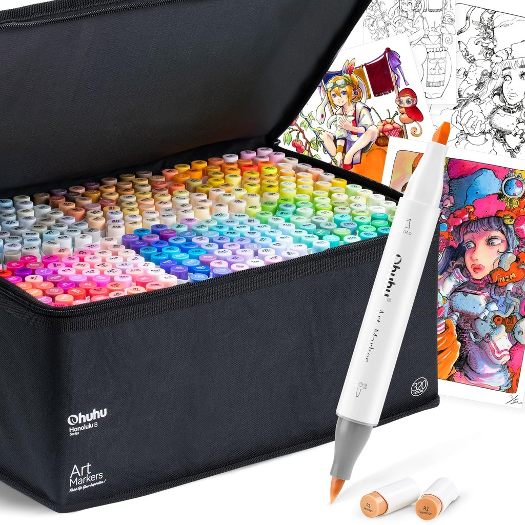 Ohuhu Honolulu Series Brush Marker Set - 320 Colors with Blender Pen for Professionals and Illustrat