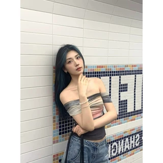 VaVa【ในสต็อก】เสื้อยืดผู้หญิง ดีไซน์เปิดไหล่ เซ็กซี่ แซ่บๆ ดีไซน์สีน้ำ จับคู่สี เข้ารูป โชว์สัดส่วนเซ็กซี่