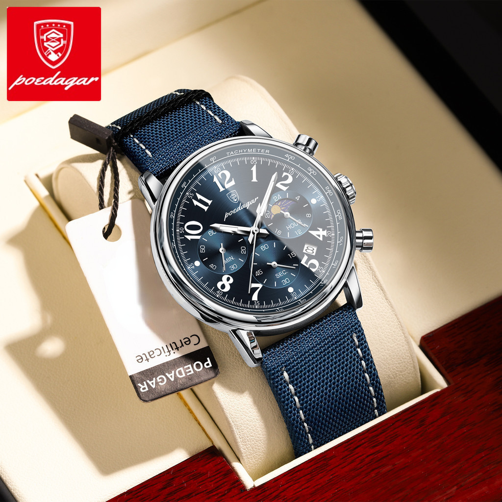 Poedagar หรูหราทหารกีฬากันน้ํา Luminous Chronometer วันที่นาฬิกาผู้ชายควอตซ์หนัง