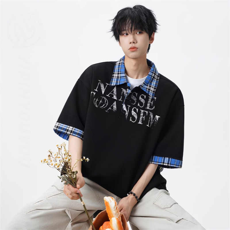 HANLU เสื้อโปโลคอปกแขนสั้นผู้ชายฤดูร้อนลายสก๊อตเย็บด้านบนอเมริกันย้อนยุคครึ่งแขน