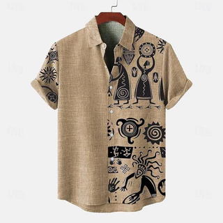 2025วินเทจสไตล์ชาติพันธุ์เสื้อแขนสั้นผู้ชาย3D แบบพิมพ์แขนสั้นด้านบนสไตล์ชาติพันธุ์กลางแจ้งหลวมสบายๆขนาดใหญ่ Boho เสื้อสำหรับผู้ชาย