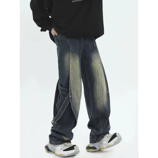 56MEN กางเกงยีนส์ขายาวผู้ชาย Jeans G61 กางเกงยีนส์แต่งสาย Y2K streetwear วินเทจ