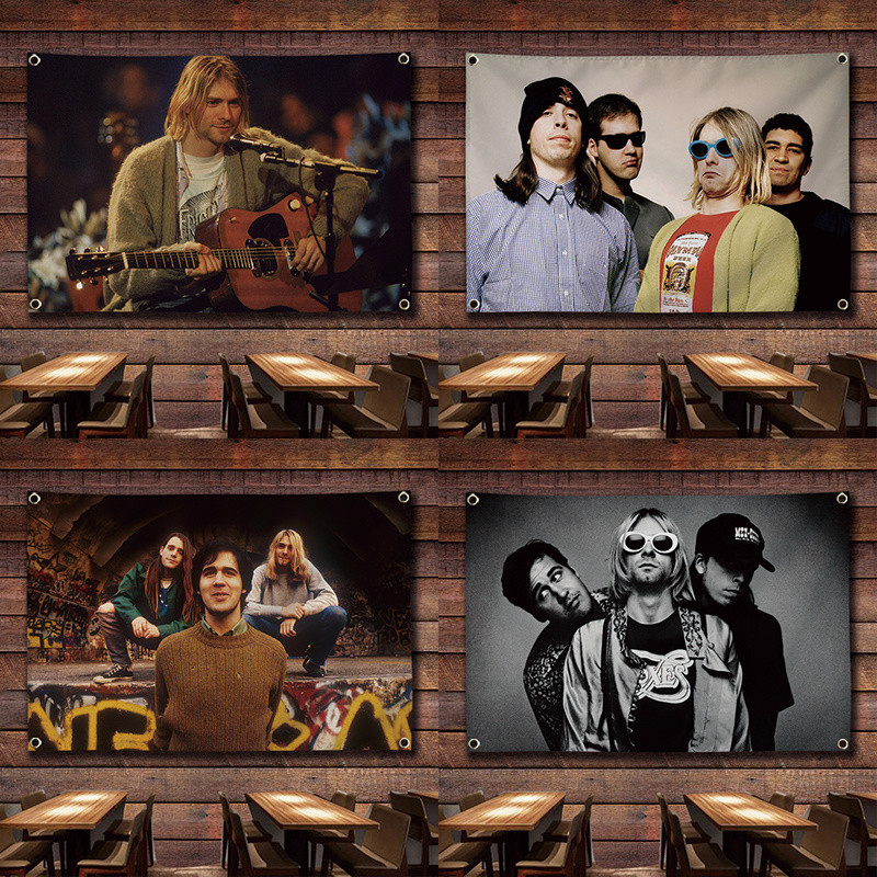 ผ้าธงแขวนวงดนตรีร็อค Nirvana สำหรับบาร์ ร้านเพลง สตูดิโอ หอพัก ตกแต่งผนัง ผ้าแขวน ผ้าพื้นหลัง