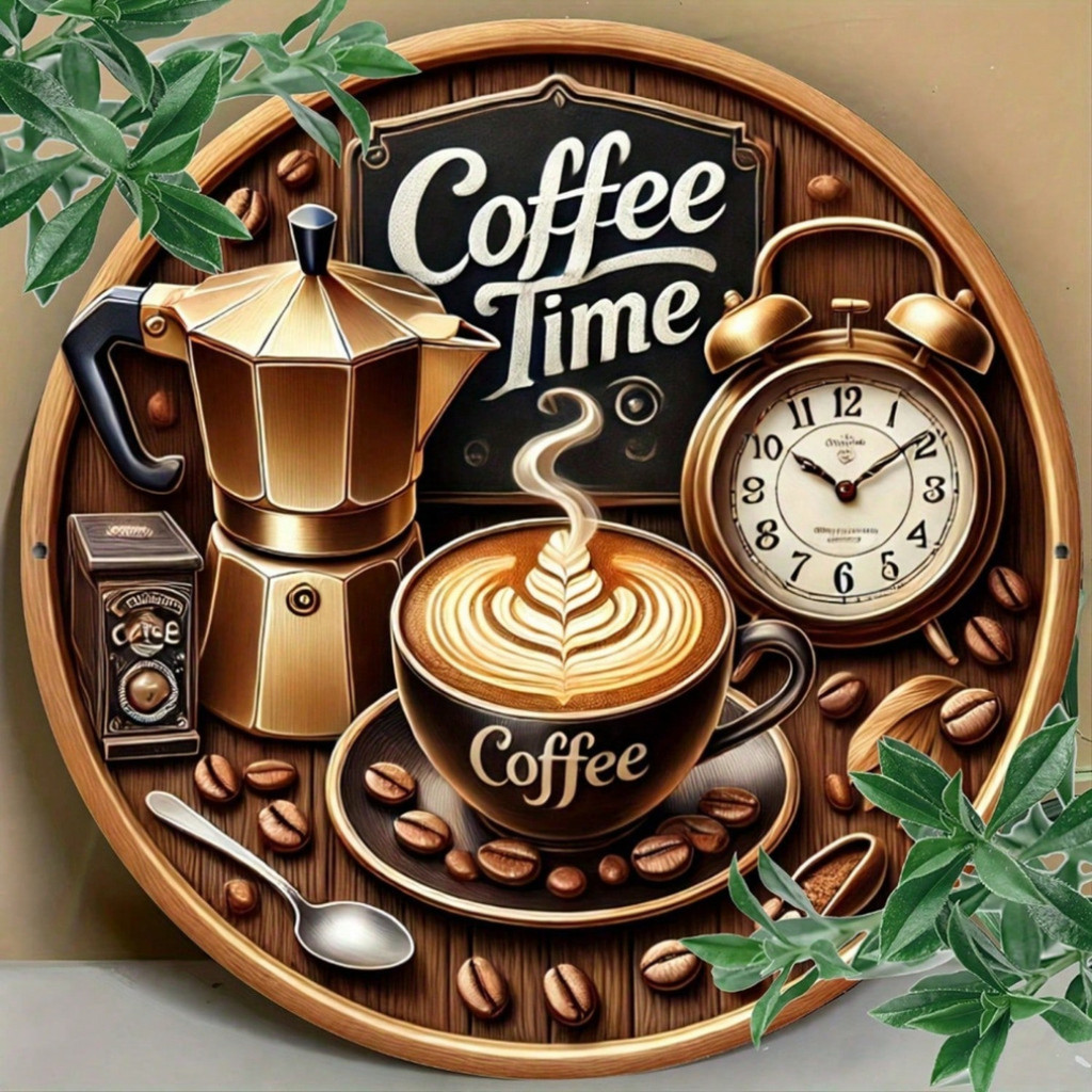 ป้ายผนังโลหะ 2D รอบ Coffee Time - 7.87x7.87 นิ้วแผ่นตกแต่งสําหรับบ้าน สวน ร้านอาหาร และการประชุมเชิง