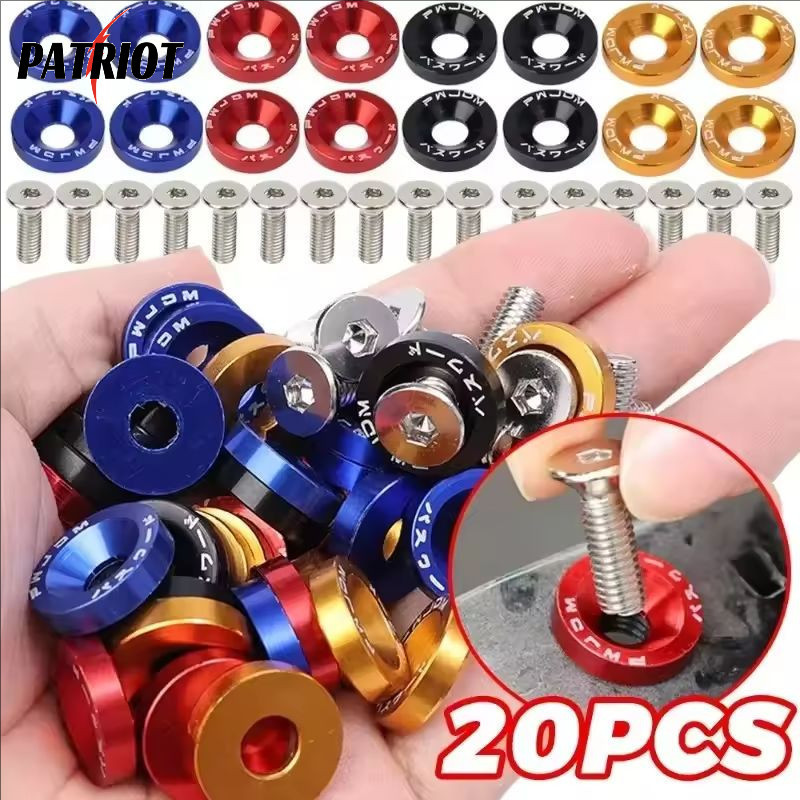 [AUTO&3C]ชุดสกรูดัดแปลงรถยนต์สากล 20 ชิ้น, อลูมิเนียมอัลลอยด์ป้องกันสนิมตัวยึดพร้อมเครื่องซักผ้าสําหรับป้ายทะเบียน/ฮูด, 4 สี
