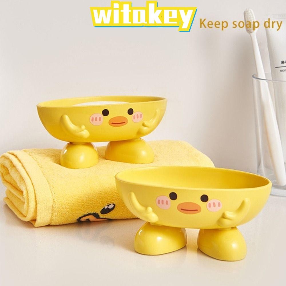 WITAKEY ชั้นเก็บของ, ที่ใส่กล่องสบู่สีเหลืองเป็ดน้อย, กล่องจานสบู่ทนทานลายการ์ตูนระบายน้ําได้