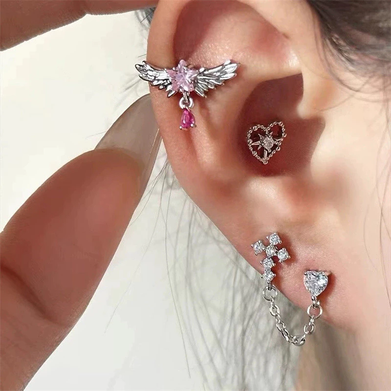 ต่างหู Earbone ไขว้หัวใจ Rhinestone โลหะผสมยอดนิยมสําหรับผู้หญิง