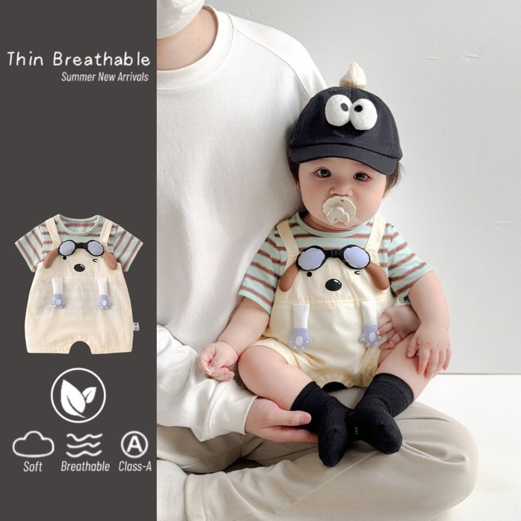 ฤดูร้อนใหม่เสื้อผ้าเด็กชายหญิงบอดี้สูทแขนสั้น 0-28 เดือนบาง ประกบกัน ออกแบบการ์ตูนลูกสุนัขสุดน่ารัก ชุดรอมเปอร์ ออก เสื้อผ้า