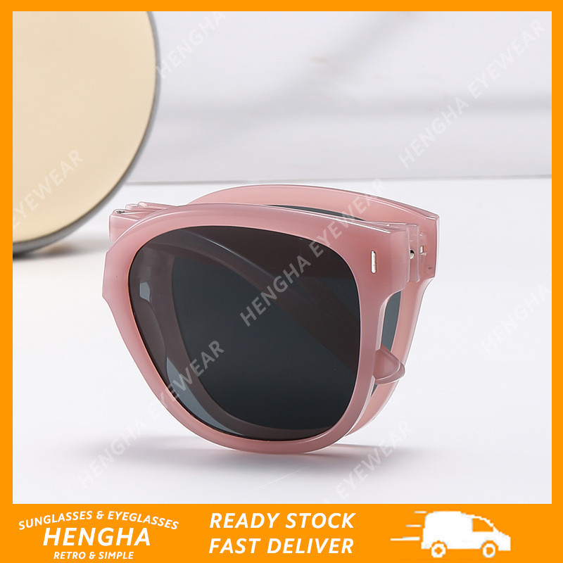(HENGHA) แว่นกันแดดพับได้ทรงสี่เหลี่ยมสีชมพู กรอบเยลลี่แบบพกพา