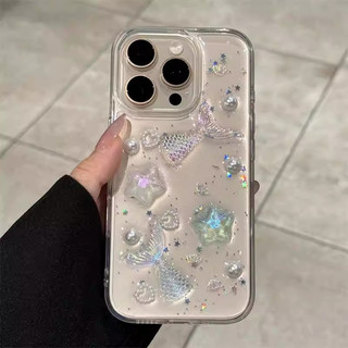 Ocean mermaid ปลาดาว pearl สําหรับ iPhone 17 Pro Max 17 Air 11 12 13 14 15 Pro Max 16 Plus tpu นุ่มใส anti-slip glitter ฝาหลัง