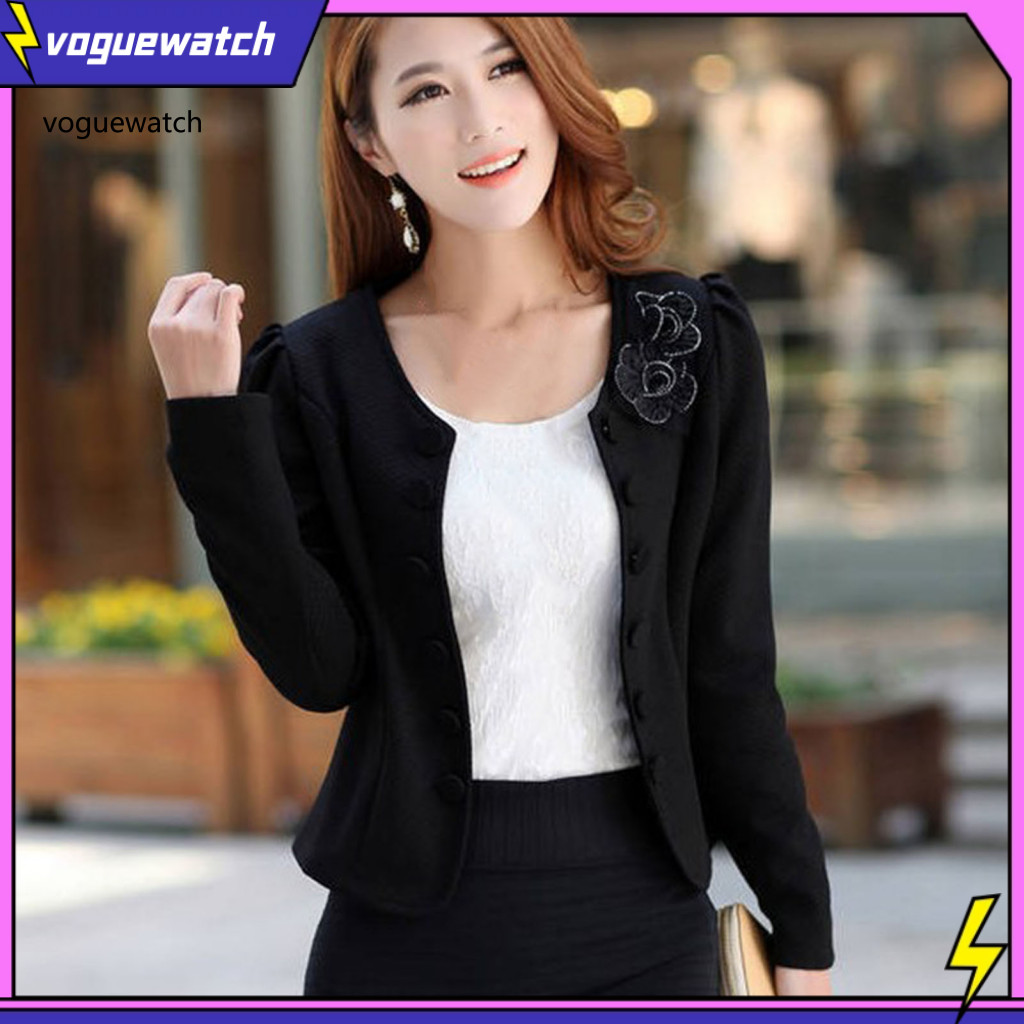VOG ผู้หญิง Blazer แขน长长花朵无领保暖休闲 slim fit 秋季正装工作夹克