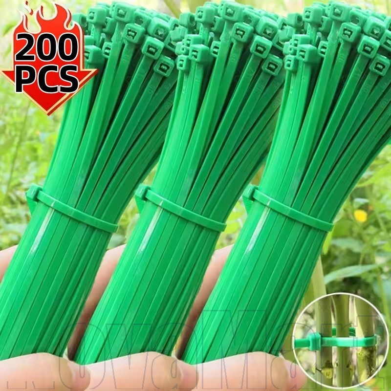 เคเบิ้ลไทร์สีเขียวหลายขนาด (50-200ชิ้น) | สายรัดไนล่อนซิปล็อคตัวเองสําหรับทําสวนและสายไฟ ระบบรองรับพืชที่ปลอดภัย