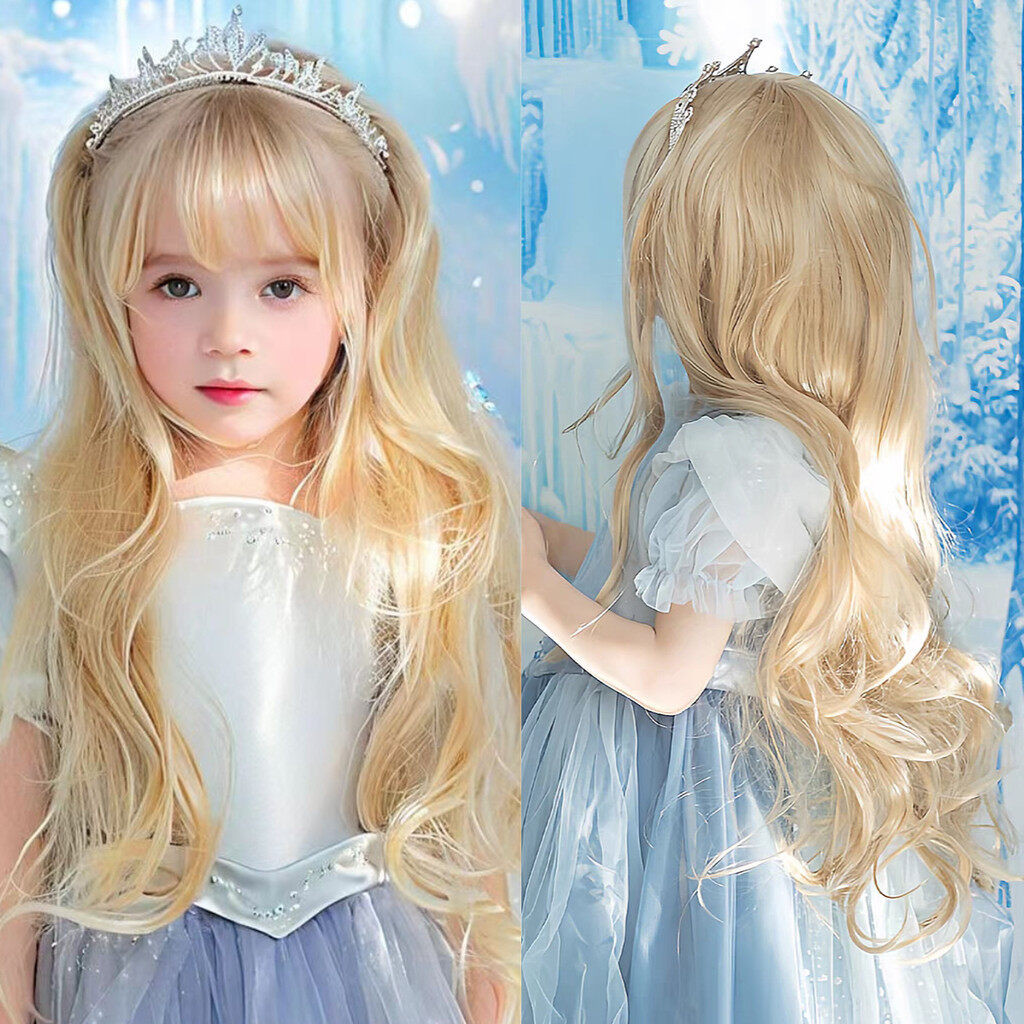 วิกผมเกาหลีสำหรับเด็กสาวยาว ผมหยิก มีหน้าม้า สีทองเต็มหัว