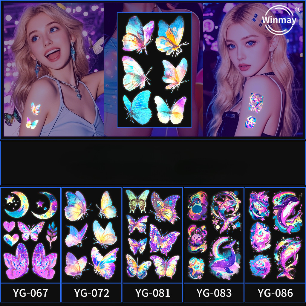 ผีเสื้อ Ocean Series สติ๊กเกอร์รอยสักเรืองแสง UV Neon ในที่มืดสำหรับ Body Face Tattoo เพลงเทศกาล Party Accessorie