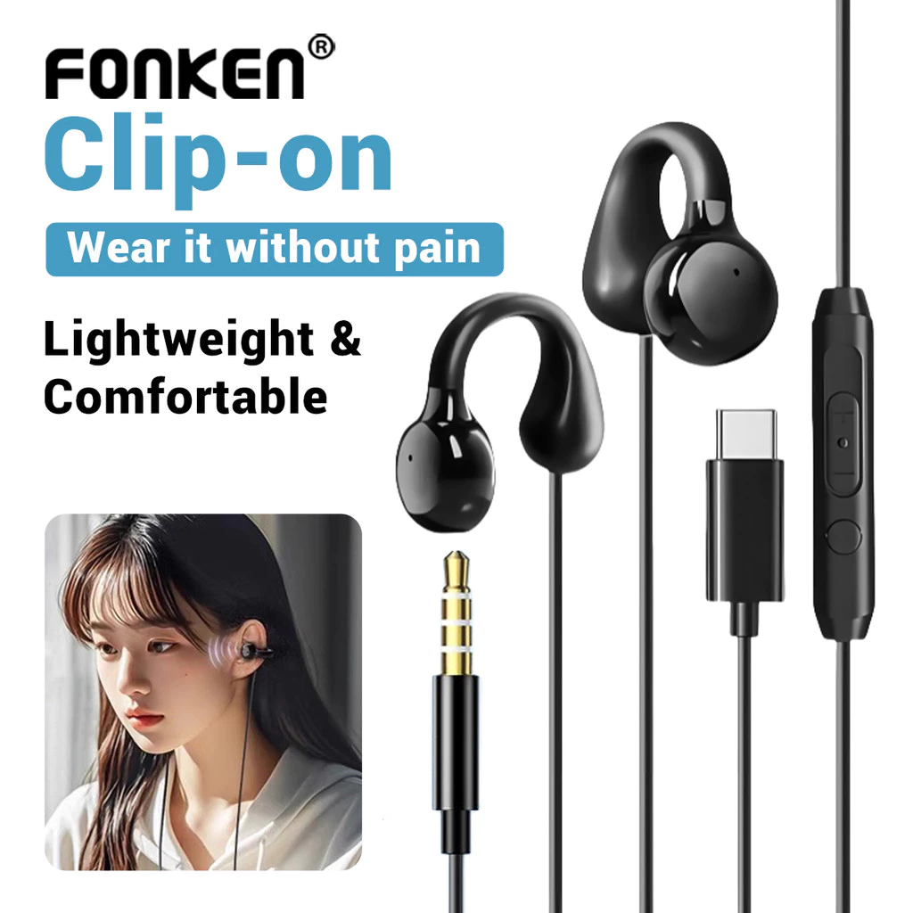 Fonken แบบมีสาย Air Conduction Type-C 3.5 มม.หูฟัง Earclip พร้อมไมโครโฟนชุดหูฟังกีฬาสําหรับวิ่งโยคะ