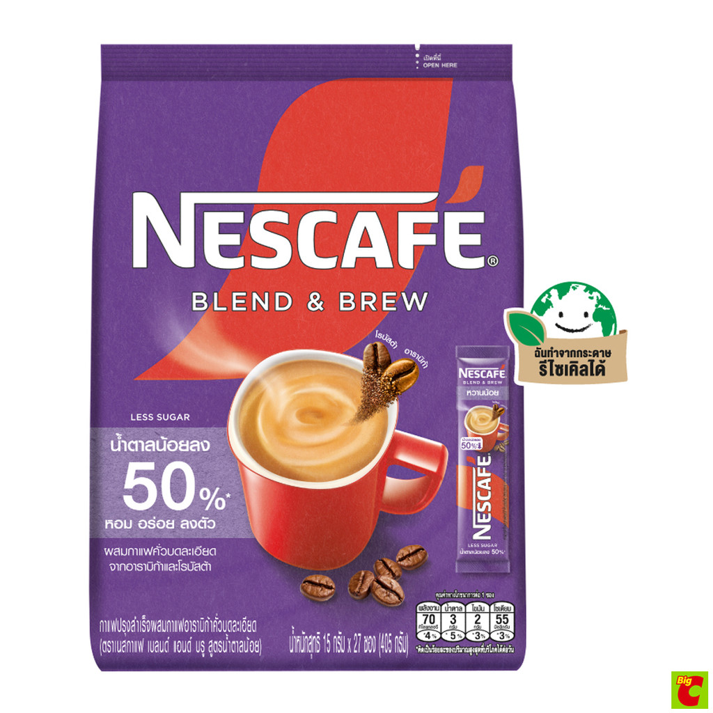 เนสกาแฟ เบลนด์ แอนด์ บรู กาแฟปรุงสำเร็จ สูตรน้ำตาลน้อย 15 ก. แพ็ค 27