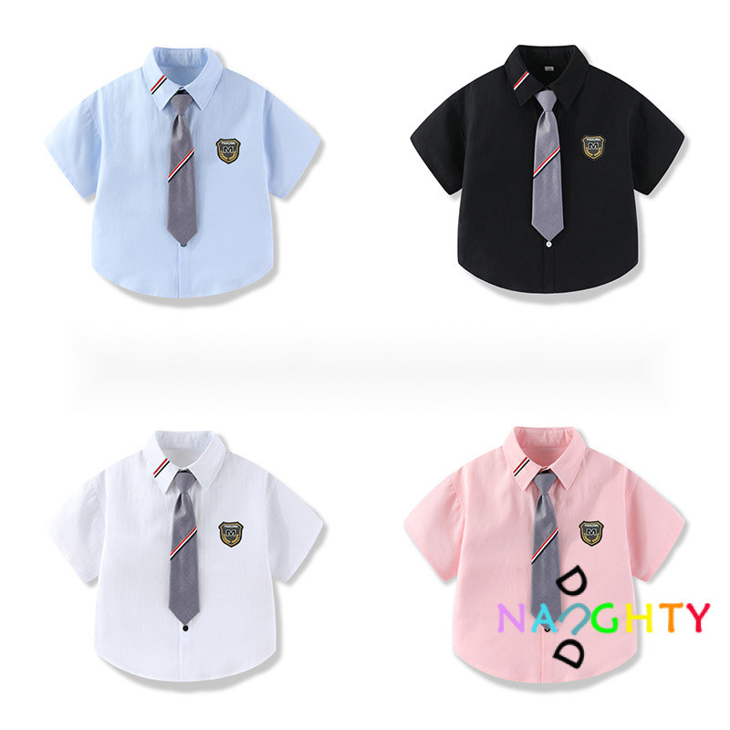 เสื้อเชิ้ตแขนสั้นเด็กผู้ชายเสื้อเชิ้ตสีทึบสําหรับเด็กฤดูร้อนแขนสั้นสไตล์กระโหลก