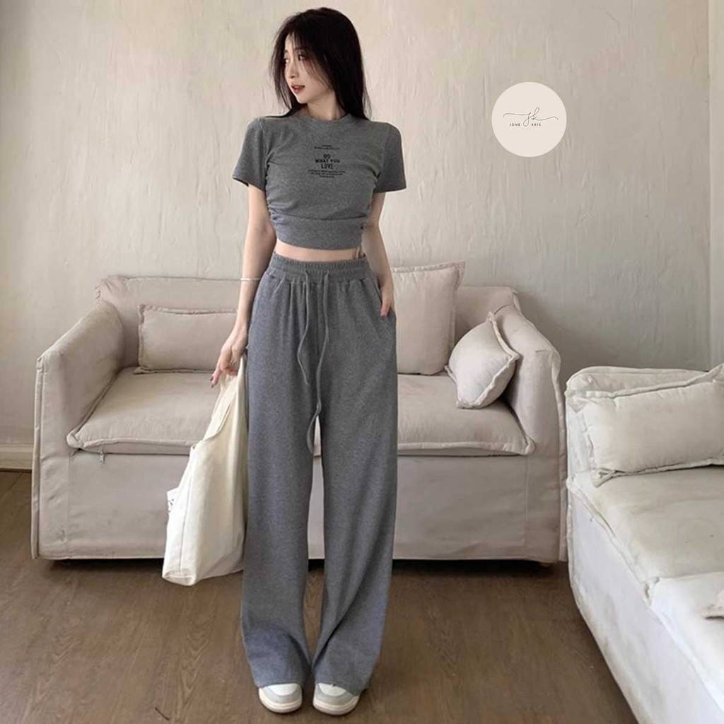 ชุดเซ็ทลุคสาวเกาหลี ชุดสีเทา เสื้อย่น กางเกงขายาว ใส่ได้ทุกวัน