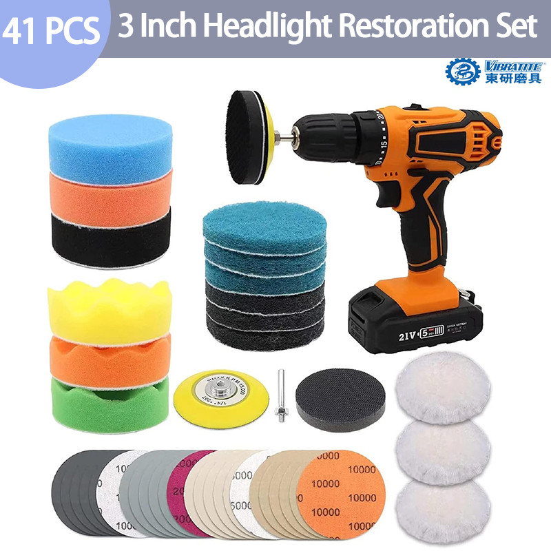 3 นิ้ว 41PCS ไฟหน้ารถชุดฟื้นฟูรถขัดแผ่นขัด 1/4 นิ้ว Shank Backing Scouring Pads Buffing ฟองน้ํานุ่มอินเทอร์เฟซทําด้วยผ้าขนสัตว์บัฟเฟอร์