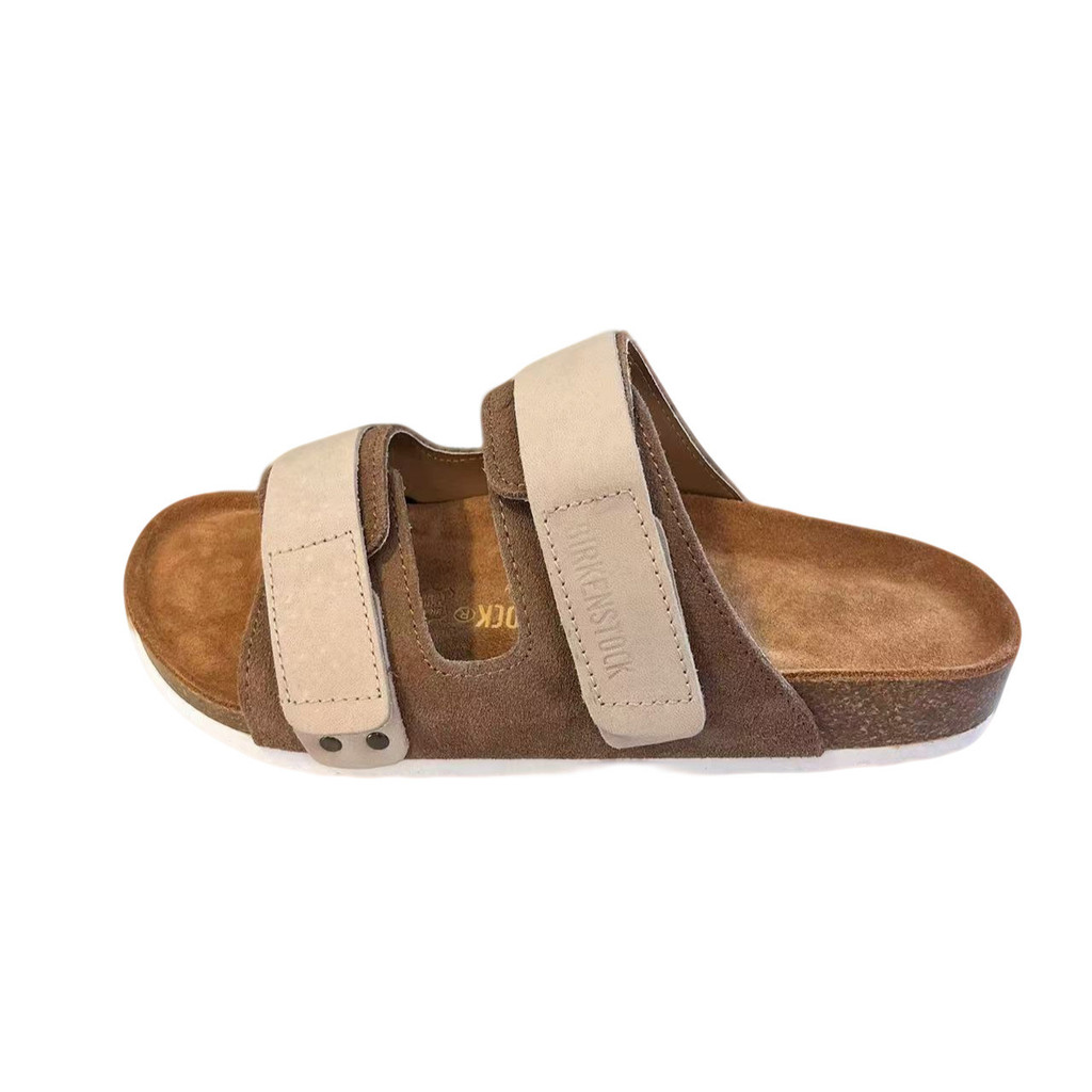 ในสต็อก  Boken Two Character Couple Genuine Leather Cork Beach Sandals