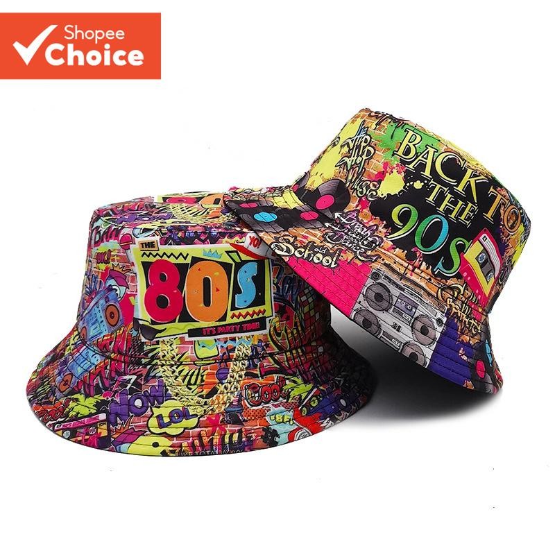 Retro 80s-90s หมวกบักเก็ตผ้าฝ้าย – สไตล์วินเทจพิมพ์หมวกกันแดด Unisex สําหรับกลางแจ้งและฮิปฮอปแรงบันดาลใจแฟชั่น
