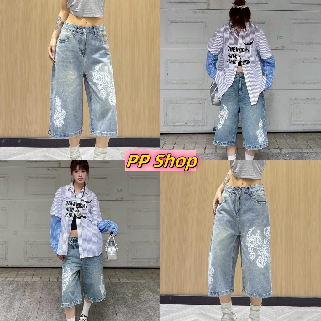 💜PP Shop​💜พร้อมส่ง กางเกงยีนส์ 4ส่วน เอวสูง กางเกงทรงกระบอก กางเกงขากว้าง สีฟ้าอ่อนเฟด ลายดอกไม้ กาง