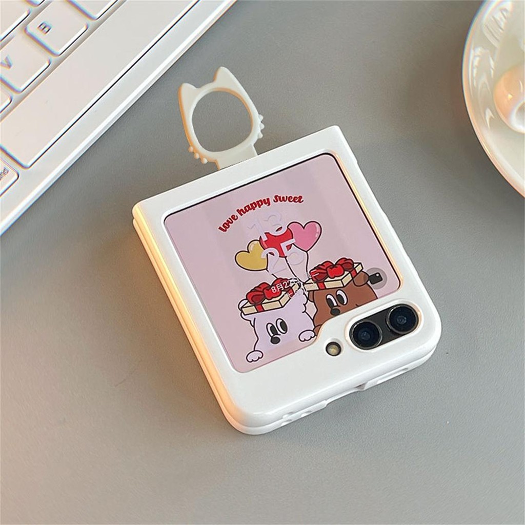 น่ารัก SWhite Kitty แหวนเคสโทรศัพท์สําหรับ Samsung Galaxy Z Flip 5 6 Z Flip6 ZFlip 5 Zflip6 Zflip5 F
