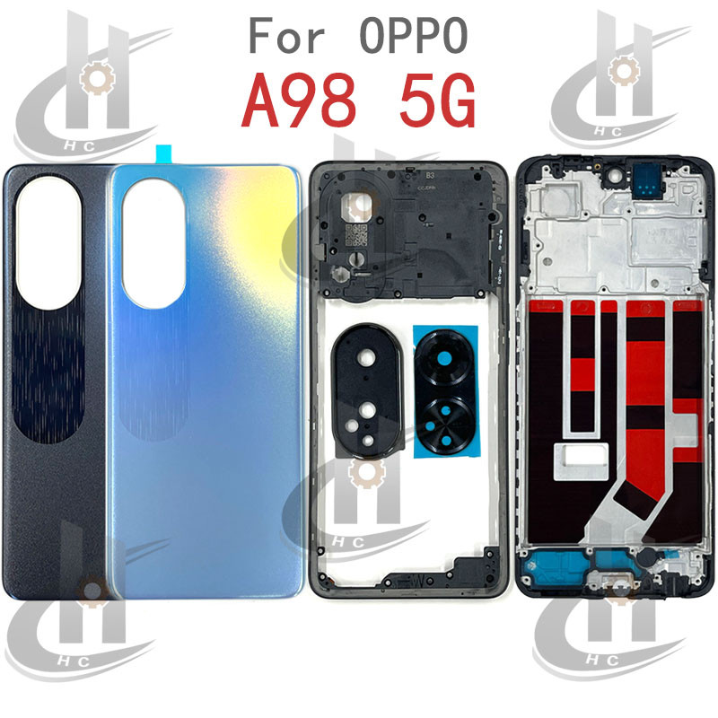สําหรับ OPPO A98 5G CPH2529 แบตเตอรี่ฝาหลังกรอบกลาง + ปุ่ม + กรอบด้านหน้า LCD + เลนส์กล้อง