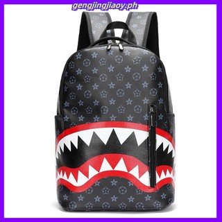 Shark Backpack Korean Version Leather Large-Capacity Street Wear Computer Bag Student School Men's Casual Fashion Trend Checked Unique