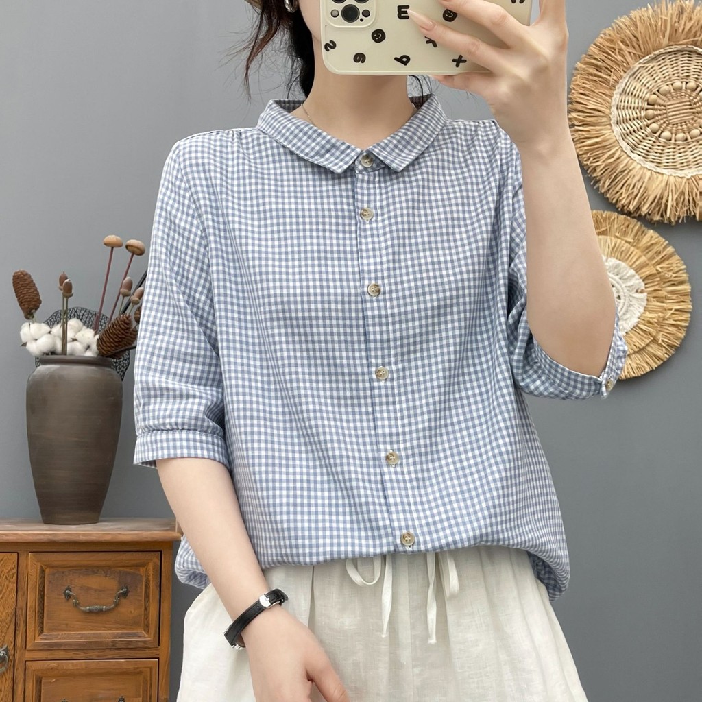 เสื้อเชิ้ตผ้าฝ้าย 100% สุภาพสตรีส่งออกการค้าต่างประเทศผ้ากอซผ้าฝ้ายสองชั้นลายสก๊อตขนาดเล็กเสื้อแขนสั้นผู้หญิงวรรณกรรมผิวนุ่ม-F