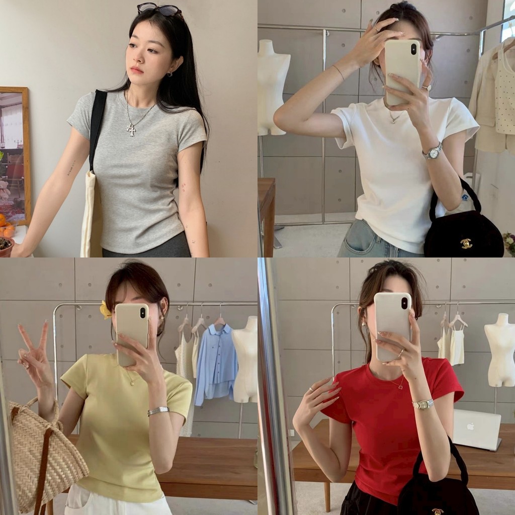 Evelyn เสื้อยืด คอกลม สีพื้น เข้ารูป ผ้าฝ้าย เสื้อยืดแขนสั้น เรียบๆใส่ง่าย ใส่สบาย แฟชั่นสำหรับผู้หญิง สไตล์ลำลอง