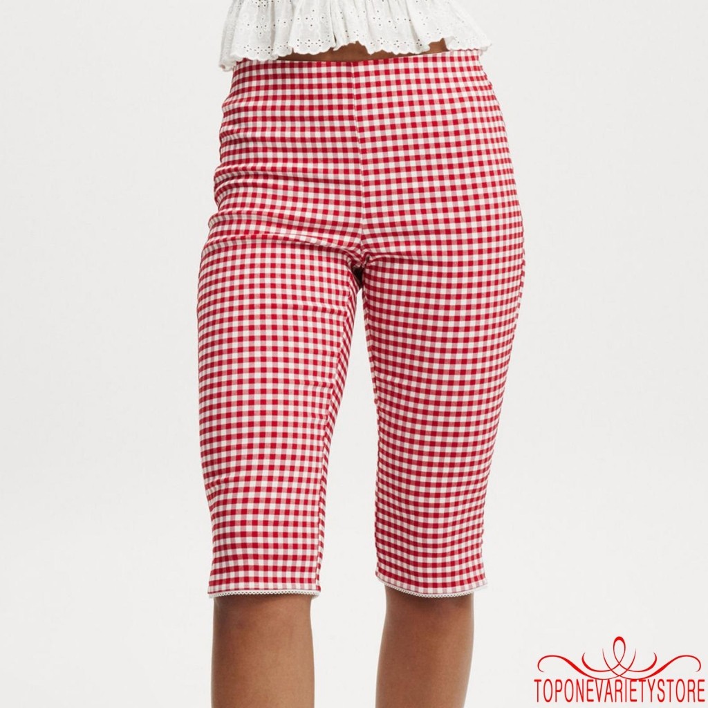 Topone-กางเกงลายสก๊อตสำหรับผู้หญิง Capri กลางเอวแยกเขความยาว Tights Casual Leggings