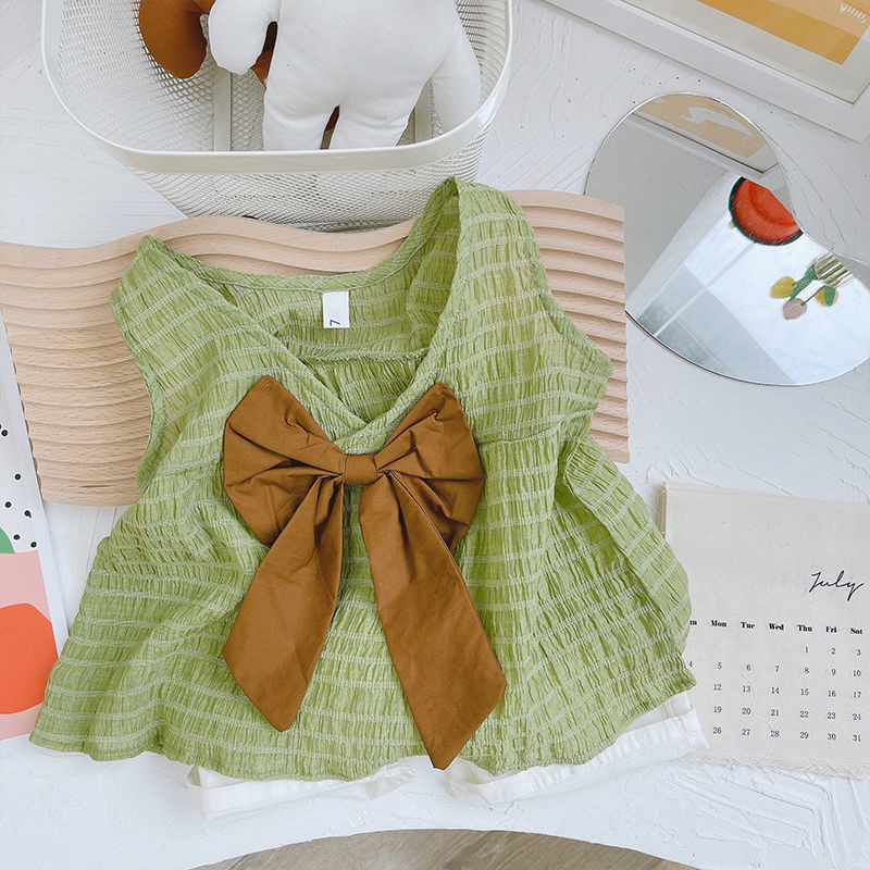 ฤดูร้อน เสื้อกล้ามแขนกุดโบว์สำหรับเด็กผู้หญิง สไตล์เกาหลี เสื้อสายเดี่ยวสีพื้นสำหรับเด็ก - รูปที่ 4