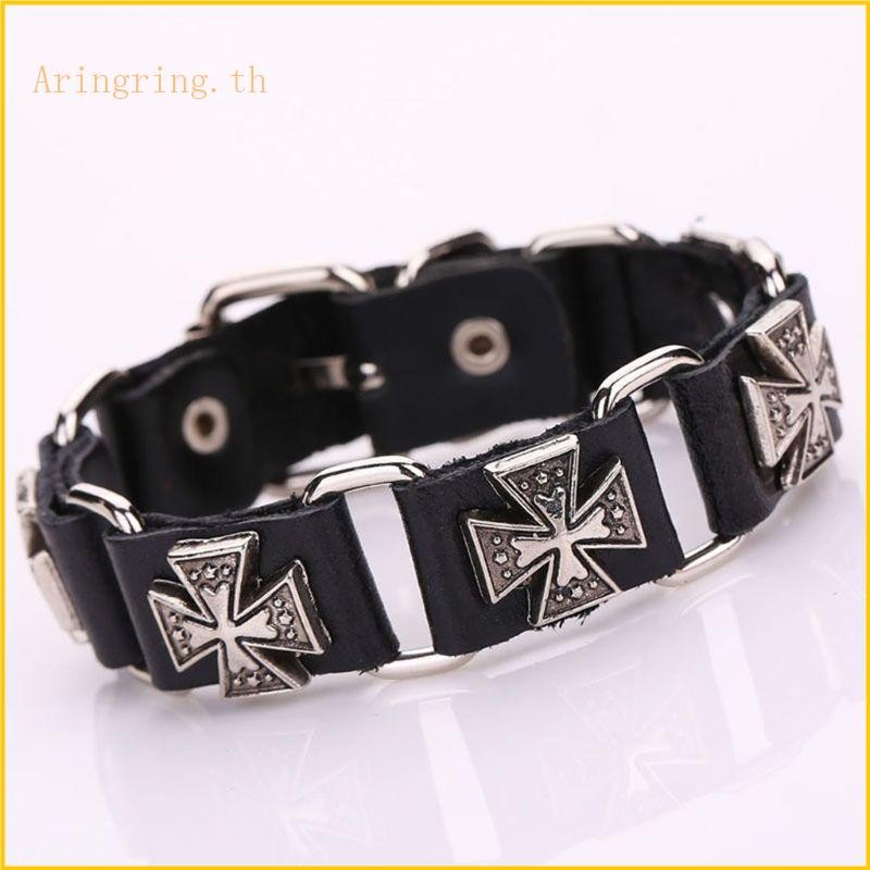 ARIN ผู้ชาย Punk ปรับสายหนังสร้อยข้อมือโลหะสําหรับ Cross Cuff กําไลข้อมือ Wristba