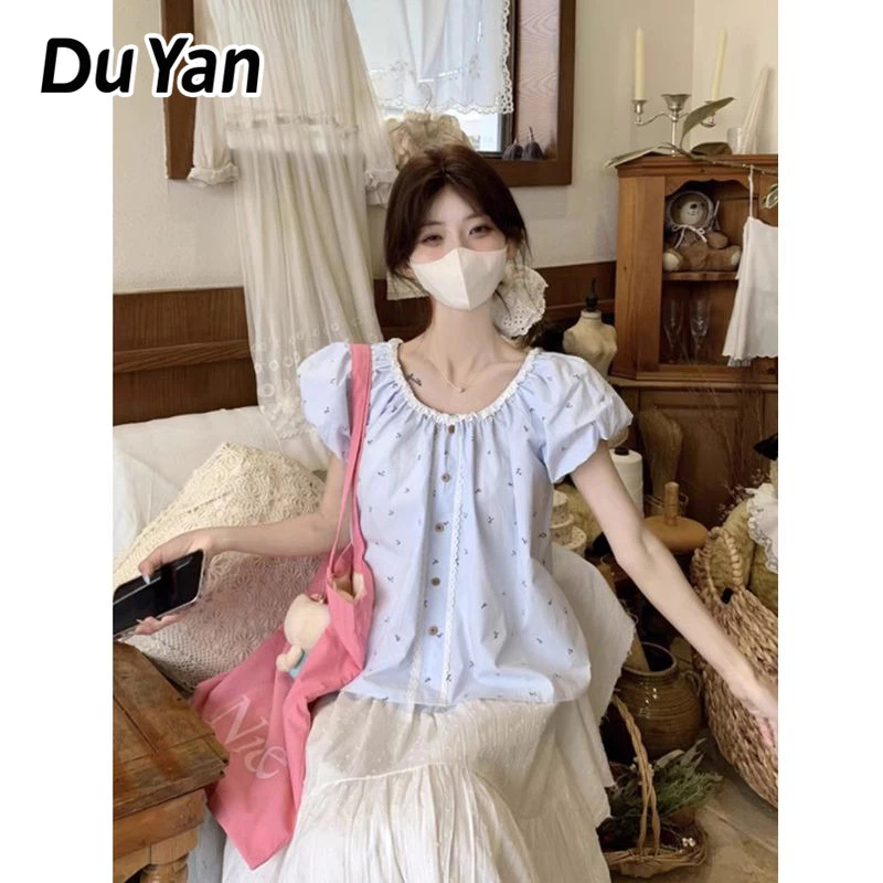 เสื้อเชิ้ตแขนสั้นผู้หญิงผ้าลูกไม้ลายดอกแขนพัฟ