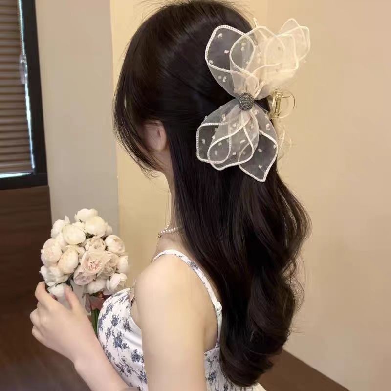 Polka Dot Bow Grab Clip หญิง 2025 สタイルใหม่ Shark Clip Classy ครึ่งผูกผมผ้าโพกศีรษะ